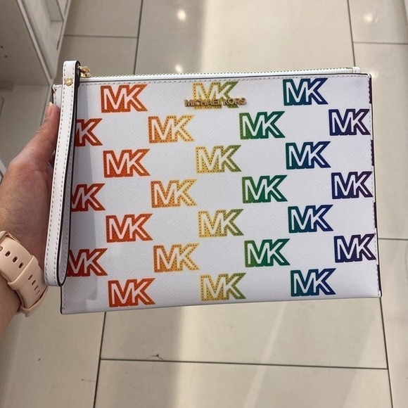 Michael kors XL zip clutch wristlet optic white multi Rainbow - Picture 4 of 8